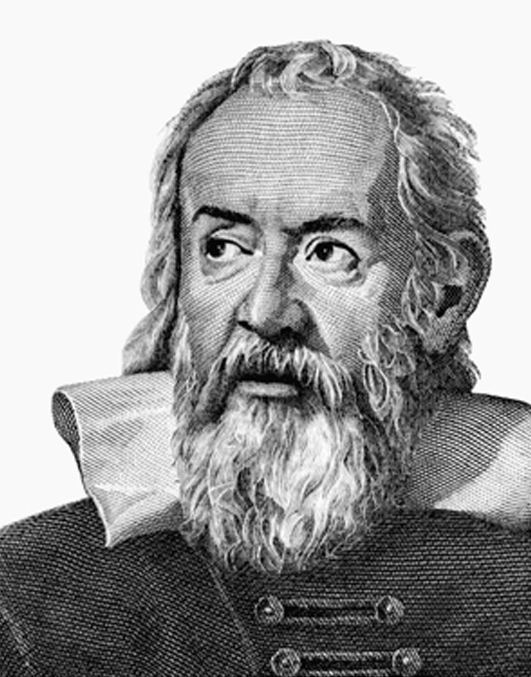 En la viñeta aparece el rostro del célebre Galileo Galilei. Le vemos vestido con el estrambótico cuello renacentista  y se aprecia que ya está en una edad madura. Su pelo es cano  corto y despeinado. Su barba es blanca y poblada. Aunque posa de frente  mira pensativo con los ojos de reojo hacia un lado.