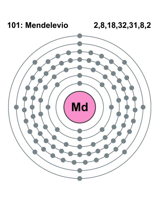 Vemos una representación simplista de un átomo. Un círculo central rosado representa el núcleo. Se incluyen las letras M y d para indicar que se trata del mendelevio. Luego se plasman siete círculos concéntricos a su alrededor  cada cual con un conjunto de bolitas diferentes que representan los electrones distribuidos en capas. Además  se muestra una serie numérica que indica el número de electores en cada nivel  y además se anota “101 mendelevio” en relación a su número atómico.